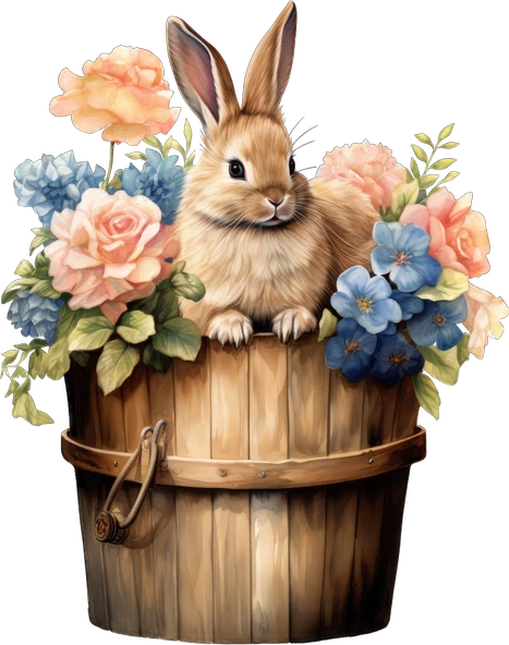 Mavi ve Turuncu Çiçekli Kovada Tavşan Duvar Stickerı - Resim 2