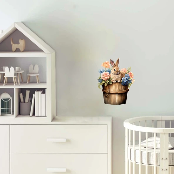 Mavi ve Turuncu Çiçekli Kovada Tavşan Duvar Stickerı ürün görseli 1