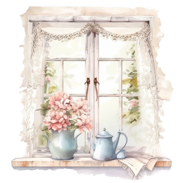 Pembe Çiçekli Vazolar ve Perde Detaylı Pencere Duvar Stickerı - Resim 2