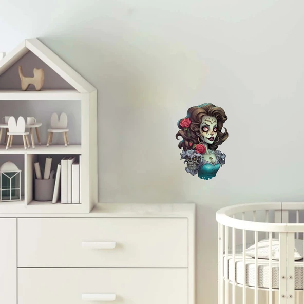 oyu Saçlı Gül ve Kafataslı Zombi Kız Duvar Stickerı - 1