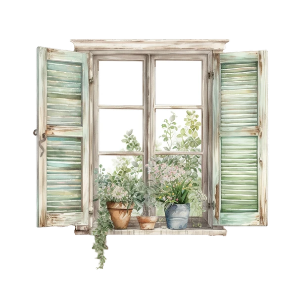 Yeşil Panjurlu ve Bitkili Pencere Duvar Stickerı - Resim 2