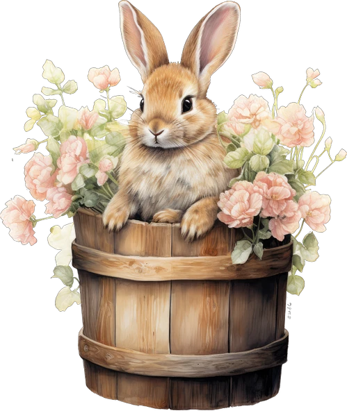 Pembe Çiçekli Kovada Tavşan Duvar Stickerı - Resim 2