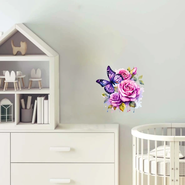 Çiçekler Arasında Mavi Kelebek Duvar Stickerı