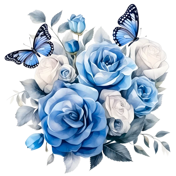 Mavi, Beyaz Güller ve Kelebekler Duvar Stickerı - Resim 2