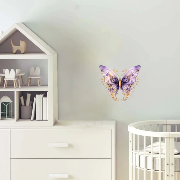 Mor ve Altın İşlemeli Kelebek Duvar Stickerı