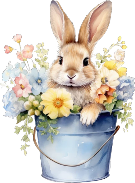 Çiçekli Kovada Tavşan Duvar Stickerı - Resim 2