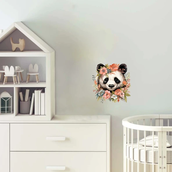 Şeftali ve Mavi Tonlarında Çiçek Taçlı Panda Duvar Stickerı ürün görseli 1
