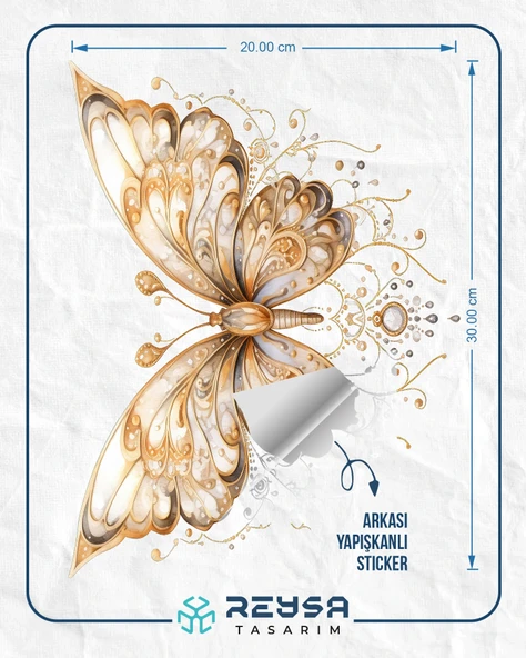 Altın Dantel Desenli Kelebek Duvar Stickerı - Resim 2