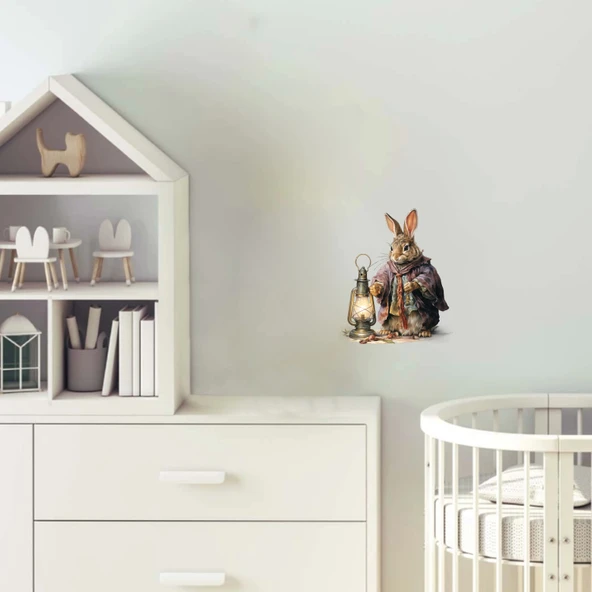 Kıyafetli ve Fenerli Tavşan Duvar Stickerı - Mor Tonlar ürün görseli 1