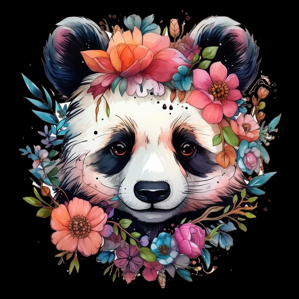 Mor ve Turuncu Çiçek Taçlı Panda Duvar Stickerı - Resim 2