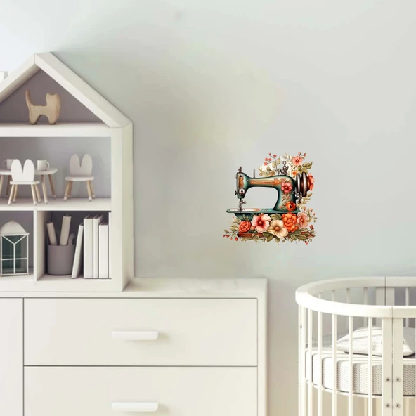 Çiçeklerle Süslü Dikiş Makinesi Duvar Stickerı ürün görseli 1