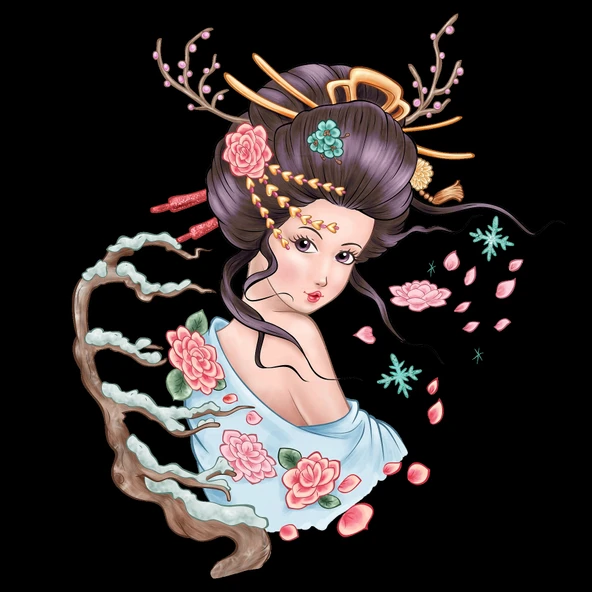 Kış Çiçekleri ve Ağaç Dalları ile Japon Kadını ürün görseli 1