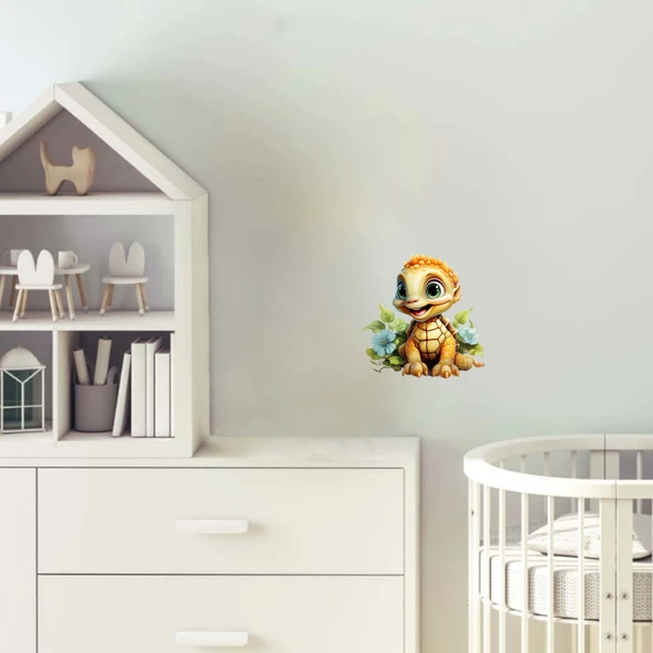 Sarımsı Kaplumbağa ve Mavi Çiçekler Duvar Stickerı ürün görseli 1