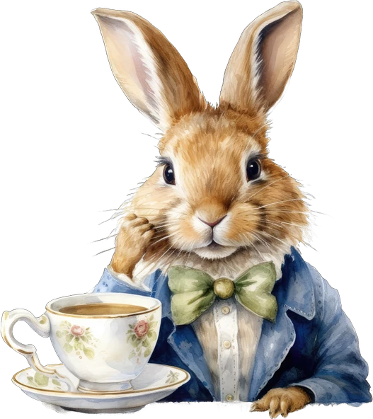 Kravatlı Tavşan ve Çay Fincanı Duvar Stickerı - Yeşil Kravatlı - 2