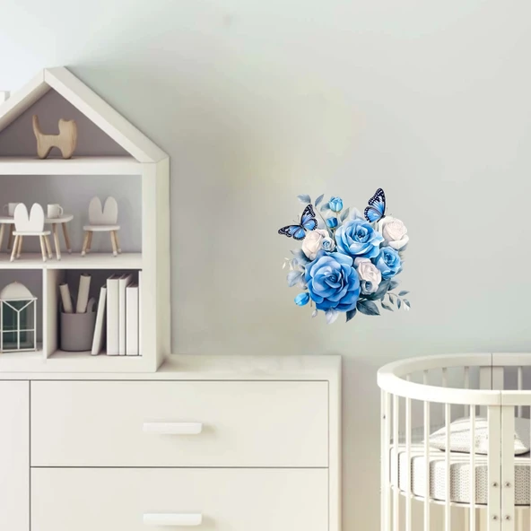 Mavi, Beyaz Güller ve Kelebekler Duvar Stickerı ürün görseli 1