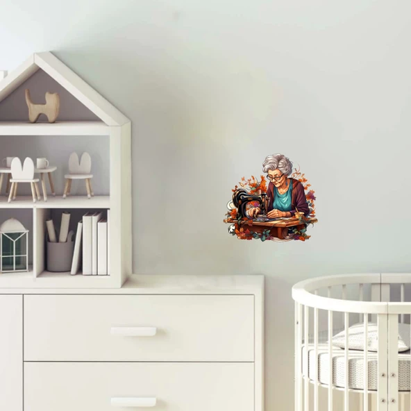 Dikiş Diken Yaşlı Kadın Duvar Stickerı ürün görseli 1