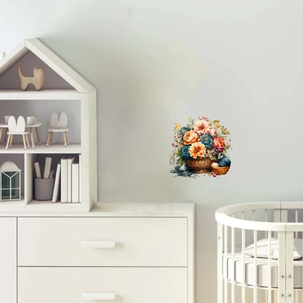 Hasır Sepette Canlı Çiçekler ve İplikler Duvar Stickerı ürün görseli 1