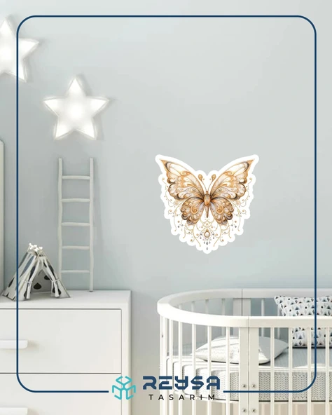 Altın Dantel Desenli Kelebek Duvar Stickerı - Resim 4