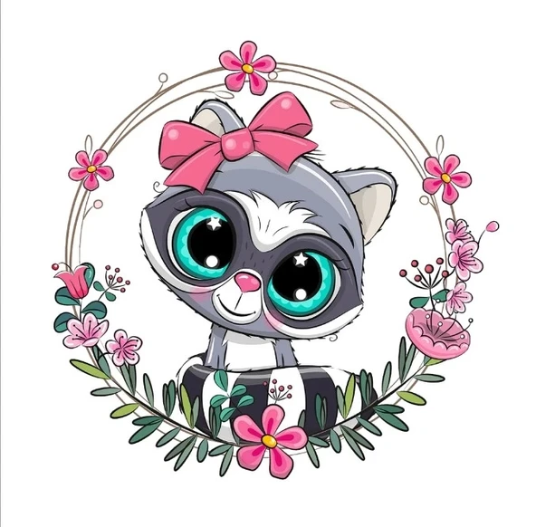 Fiyonklu Rakun Çiçek Çerçeveli Duvar Stickerı ürün görseli 1