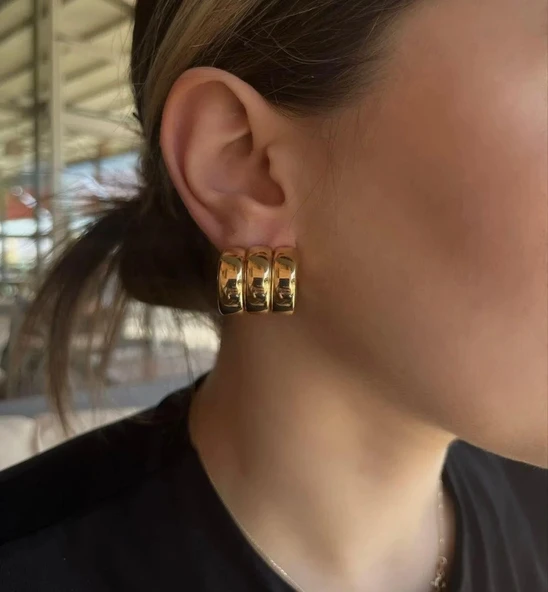 Lisbond Elegance Kadın özel seri üçlü görünümlü bombeli halka küpe gold renk