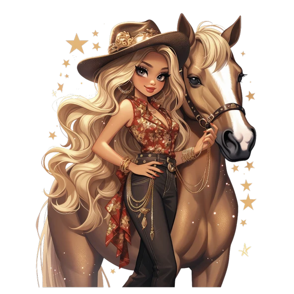 Kırmızı Desenli Bluzlu ve Şapkalı Kovboy Kız Duvar Stickerı ürün görseli 1