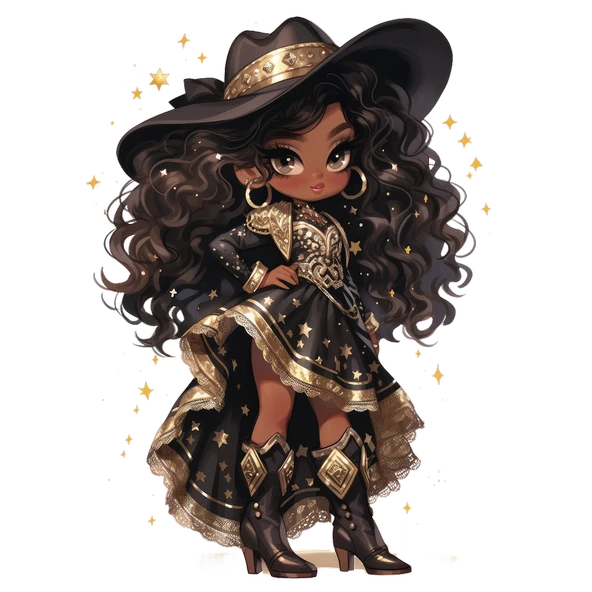 Mor Detaylı Parlak Elbiseli Kovboy Kız Duvar Stickerı ürün görseli 1