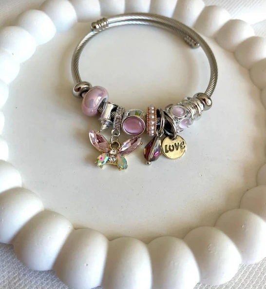 Lisbond Elegance Pandora Model Charmlı Çelik Pembe Kristal Kelebek - 3