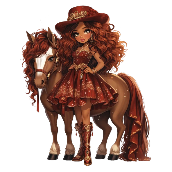 Kırmızı Elbiseli ve Şapkalı Şık Kovboy Kız Duvar Stickerı ürün görseli 1