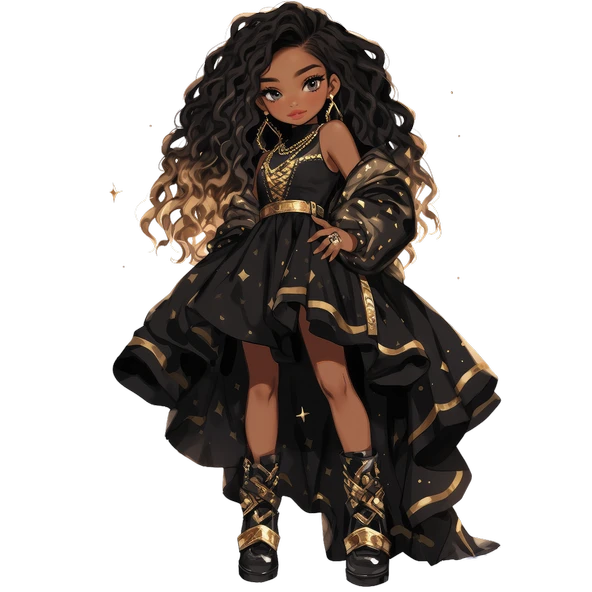 Siyah ve Altın Detaylı Elbiseli Şık Kovboy Kız Duvar Stickerı ürün görseli 1