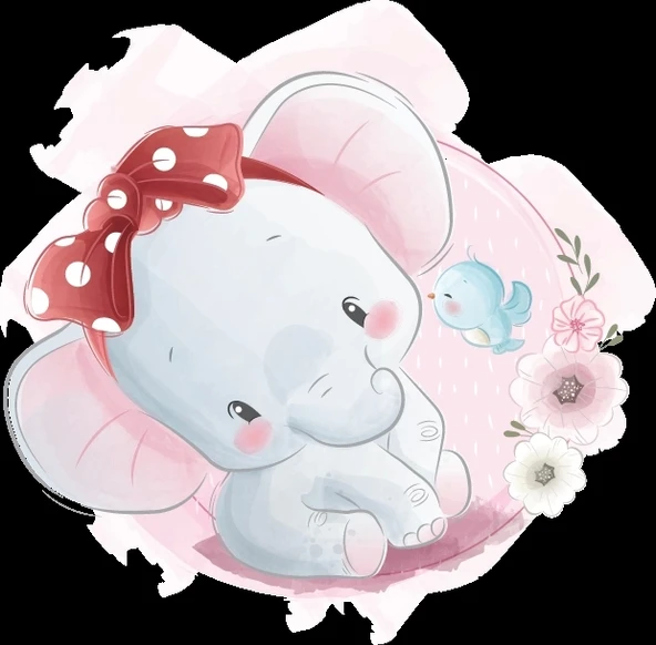 Fiyonklu Fil Yavrusu ve Kuş Duvar Stickerı ürün görseli 1