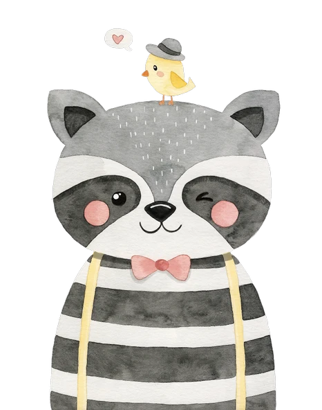 Şapkalı Rakun ve Kuş Duvar Stickerı ürün görseli 1