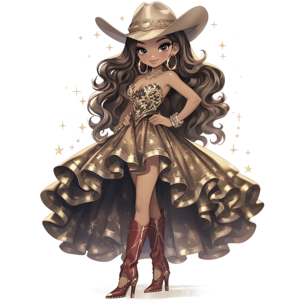 Kahverengi Çizmeli Yıldızlı Elbiseli Kovboy Kız Duvar Stickerı ürün görseli 1