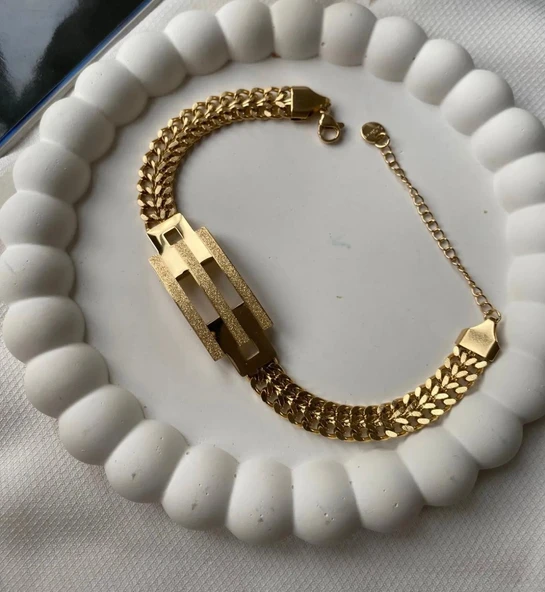 Lisbond Elegance  Çelik bileklik kadın kaburga model kumlu sık zincir bileklik gold - 3