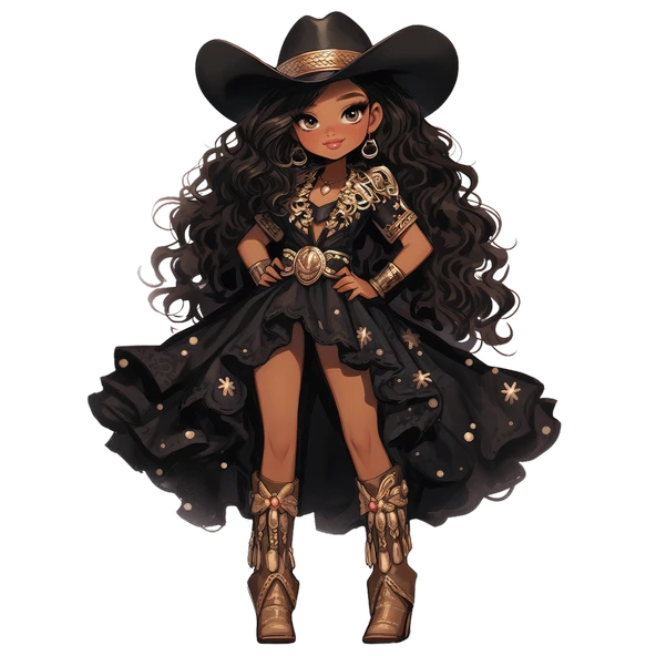 Asimetrik Kesim Siyah Elbiseli Kovboy Kız Duvar Stickerı ürün görseli 1