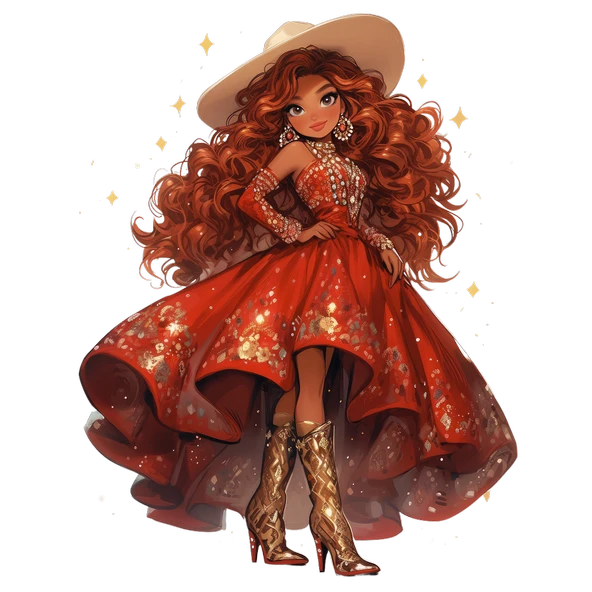 Beyaz Şapkalı Kırmızı Elbiseli Kovboy Kız Duvar Stickerı ürün görseli 1