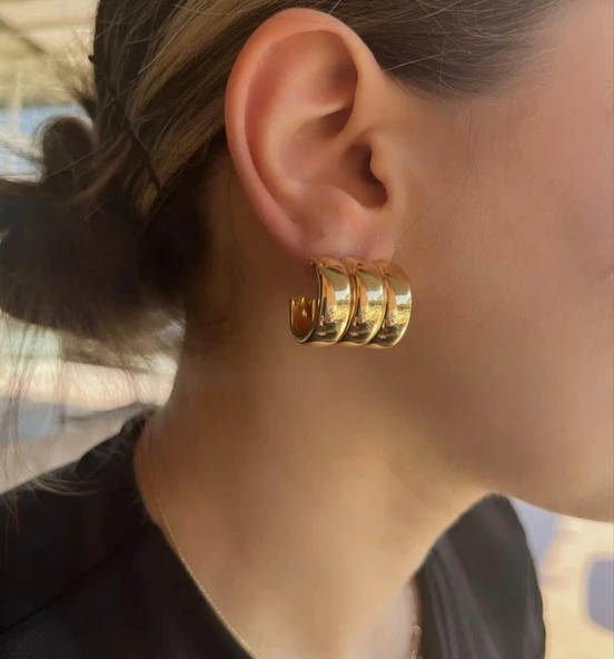 Lisbond Elegance Kadın özel seri üçlü görünümlü bombeli halka küpe gold renk - 2