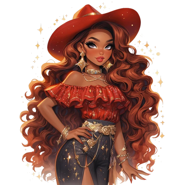 Kırmızı Şapkalı ve Simli Elbiseli Kovboy Kız Duvar Stickerı ürün görseli 1