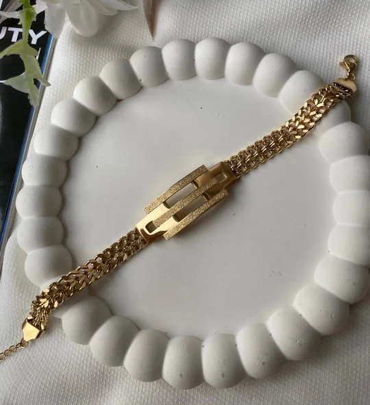 Lisbond Elegance  Çelik bileklik kadın kaburga model kumlu sık zincir bileklik gold