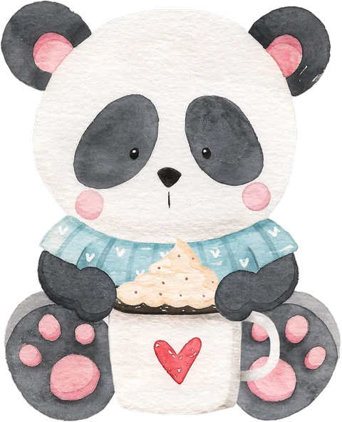 Kremalı Kahve Tutan Mavi Kazaklı Panda Duvar Stickerı