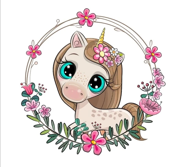 Tek Boynuzlu At Çiçek Çerçeveli Duvar Stickerı ürün görseli 1