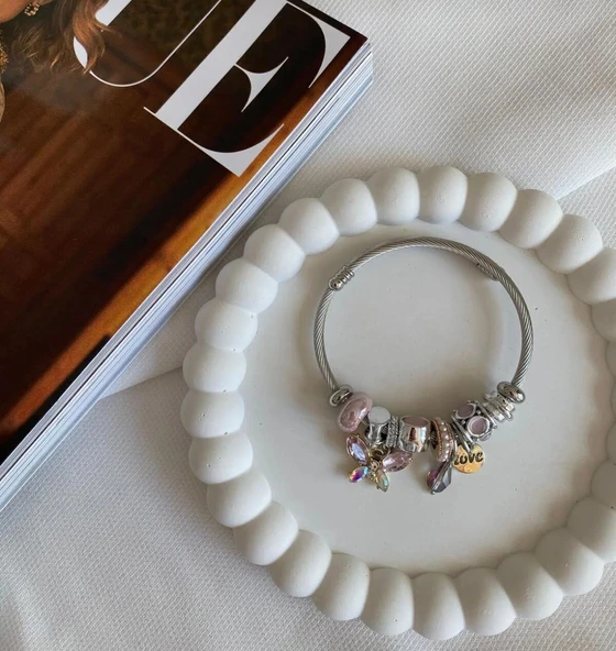 Lisbond Elegance Pandora Model Charmlı Çelik Pembe Kristal Kelebek