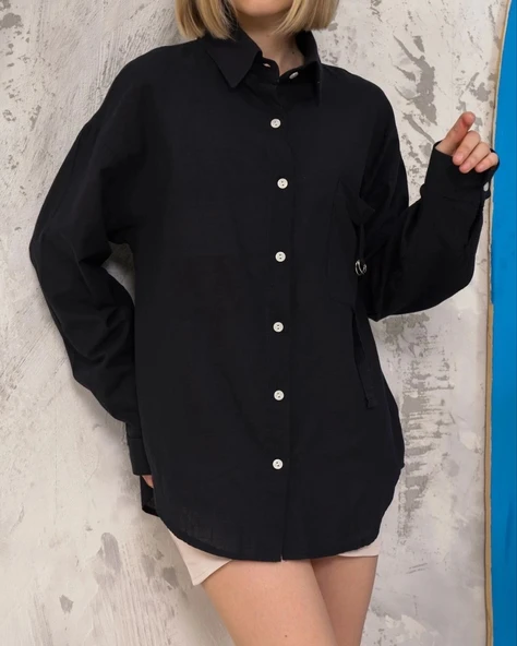 Relax fit keten gömlek siyah s255349 - 4