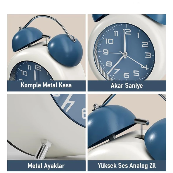 Valkyrie Akar Saniyeli Analog Yüksek Sesli Şirin Masa Saati Alarmlı Işıklı Dakik  Çift Çanlı Mavi - 3