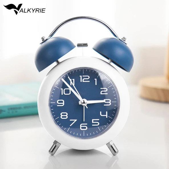 Valkyrie Akar Saniyeli Analog Yüksek Sesli Şirin Masa Saati Alarmlı Işıklı Dakik  Çift Çanlı Mavi