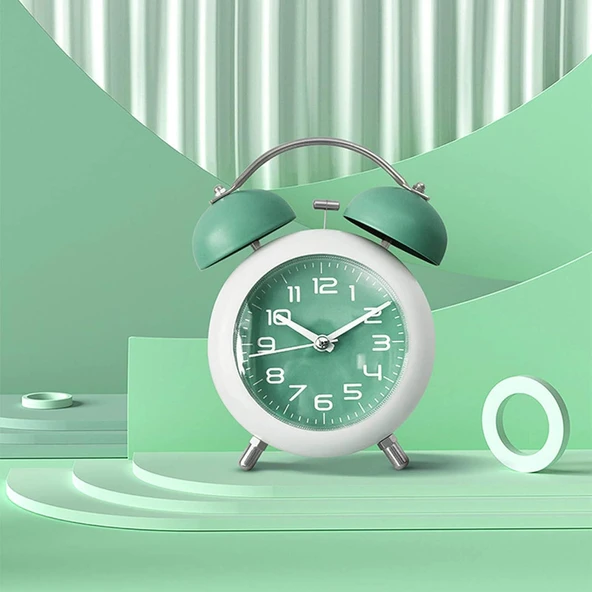 Valkyrie Akar Saniyeli Analog Yüksek Sesli Şirin Masa Saati Alarmlı Işıklı Dakik Çift Çanlı Yeşil - 5