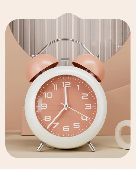 Valkyrie Akar Saniyeli Analog Yüksek Sesli Şirin Masa Saati Alarmlı Işıklı Dakik Çift Çanlı Pembe - 7