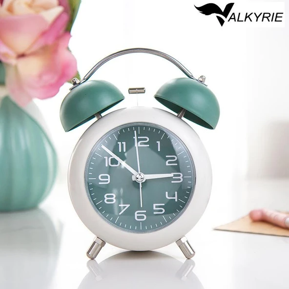 Valkyrie Akar Saniyeli Analog Yüksek Sesli Şirin Masa Saati Alarmlı Işıklı Dakik Çift Çanlı Yeşil