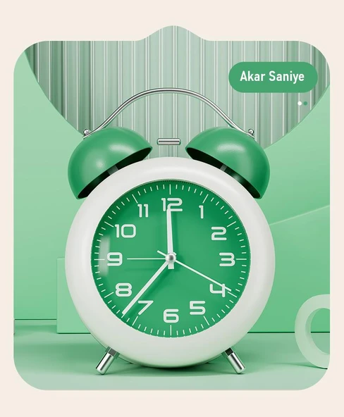 Valkyrie Akar Saniyeli Analog Yüksek Sesli Şirin Masa Saati Alarmlı Işıklı Dakik Çift Çanlı Yeşil - 6