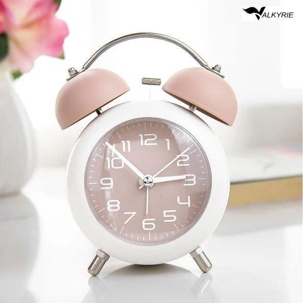 Valkyrie Akar Saniyeli Analog Yüksek Sesli Şirin Masa Saati Alarmlı Işıklı Dakik Çift Çanlı Pembe