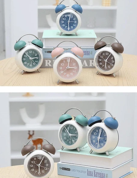 Valkyrie Akar Saniyeli Analog Yüksek Sesli Şirin Masa Saati Alarmlı Işıklı Dakik Çift Çanlı Yeşil - 9